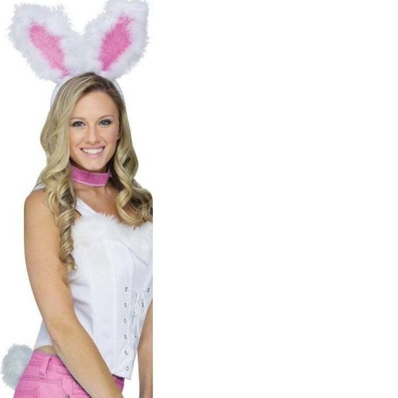 Bunny Rabbit Kit Halloween Costume 14+ White Ear Headband Tail Choker Accessory - Picture 1 of 2